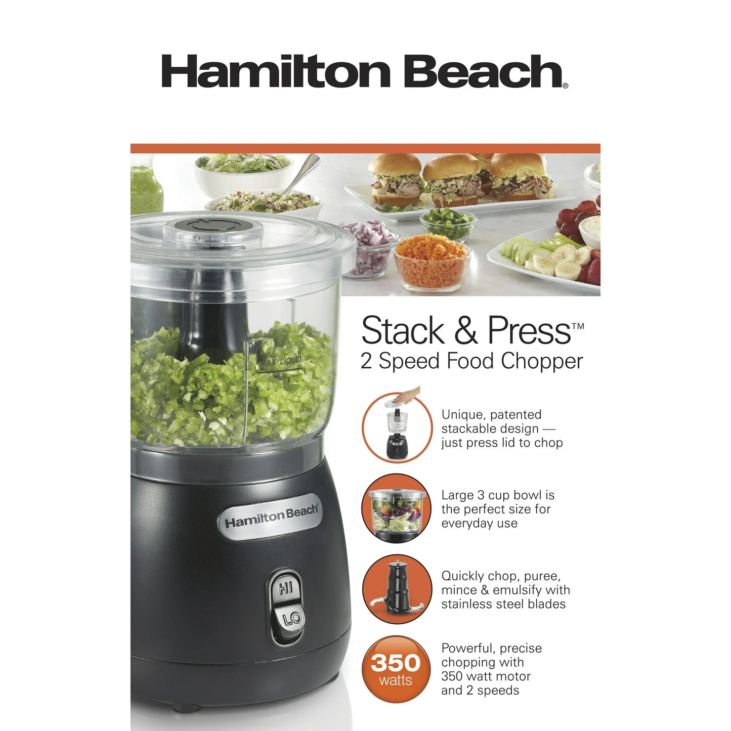 Hamilton Beach Apila y Presiona Picadora de Alimentos de 2 Velocidades, Capacidad para Tazón de 3 Tazas, 72890F