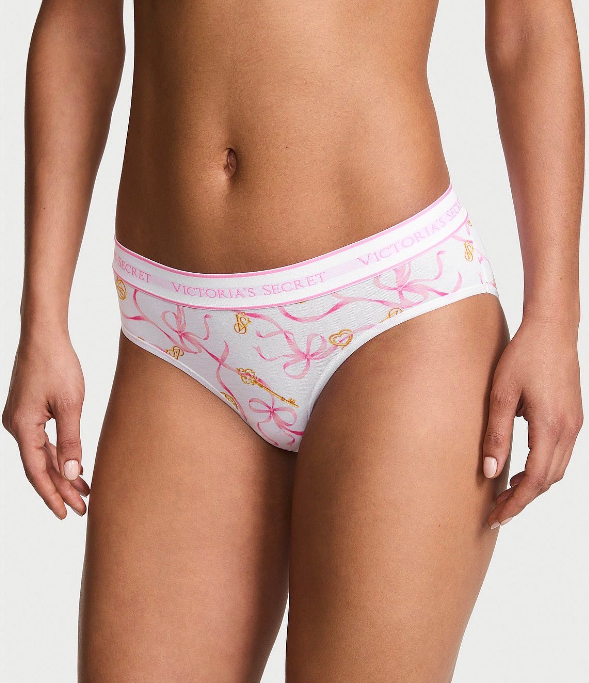 Victoria’s Secret Bikini Panty Estampado Listones y Llaves – Panty Blanco con Cintura de Logo