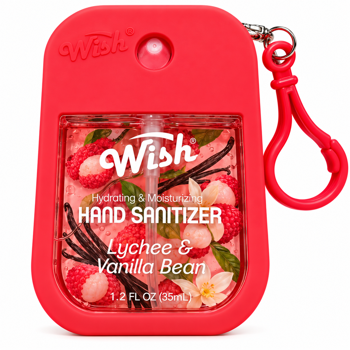 Sanitizante de Manos Wish Lychee & Vanilla Bean 35 ml con Holder Rojo