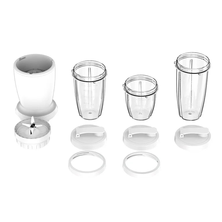 Mainstays Juego de Licuadora de 10 Piezas, Blanco Ártico, 300W, con 3 Frascos (10oz, 16oz, 18oz), 2 Tapas para Beber, Cuchilla de Acero Inoxidable