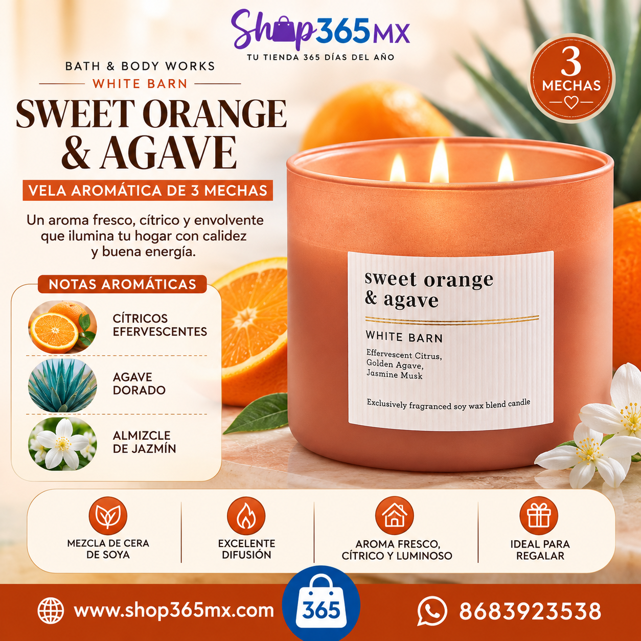 Vela Sweet Orange & Agave 3 Mechas Bath & Body Works White Barn – 14.5 oz / 411 g