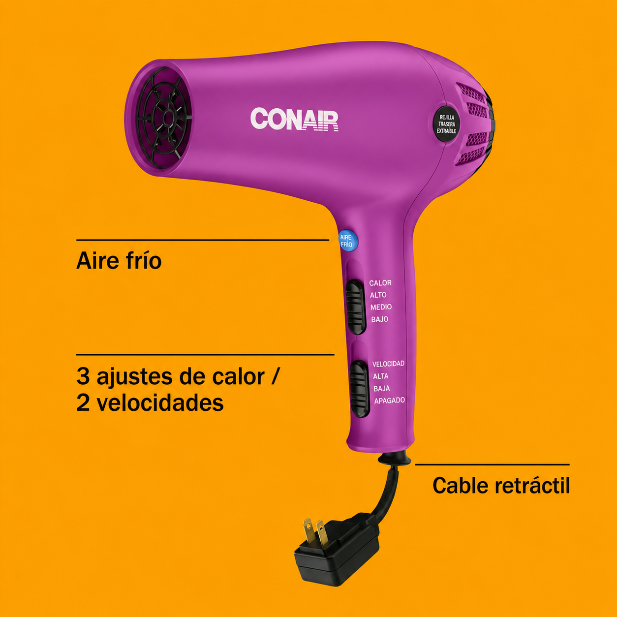 Conair Secador de Cabello Iónico Cerámico Cord-Keeper, Cable Retráctil, Difusor y Concentrador
