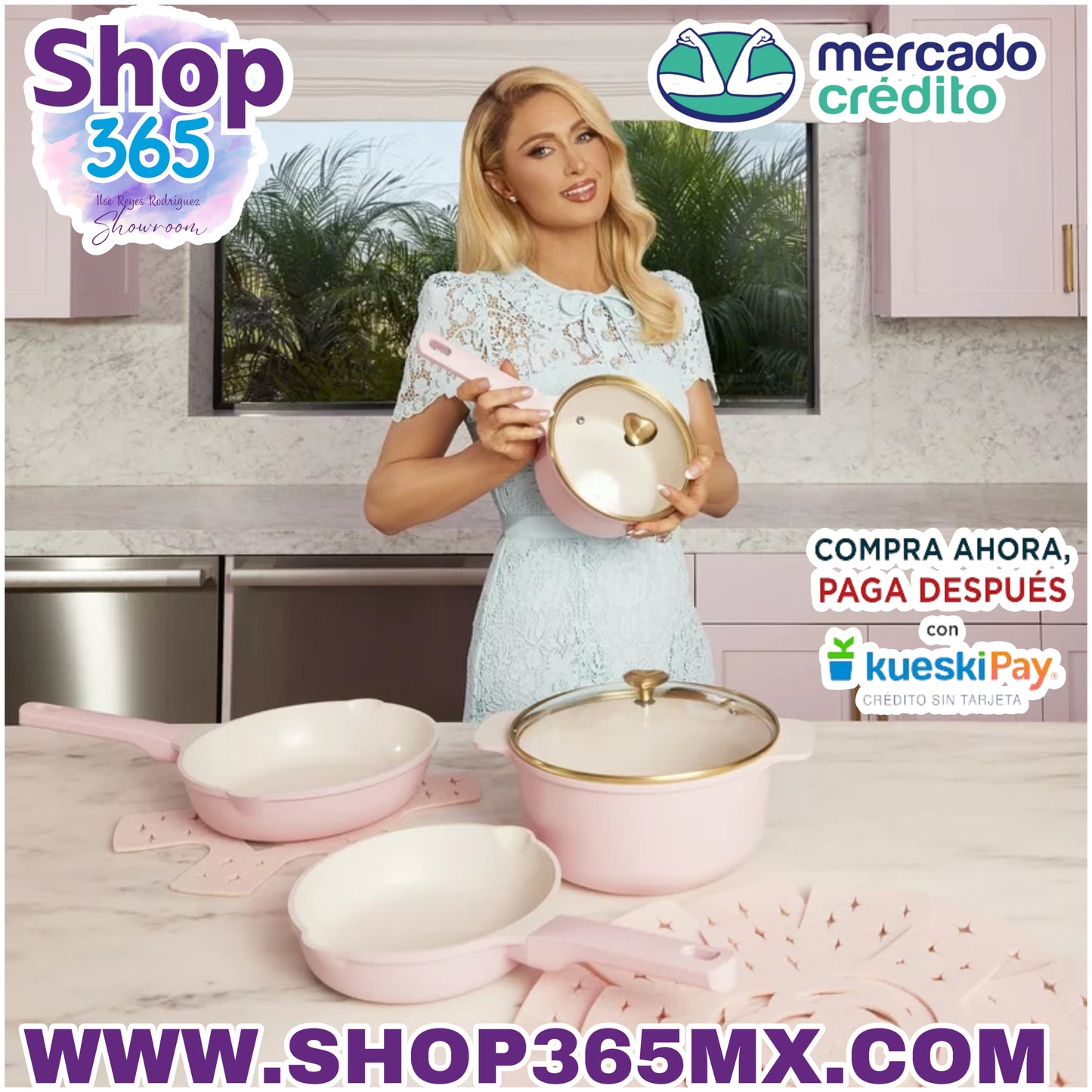 Paris Hilton Juego de utensilios de cocina antiadherentes de aluminio fundido con perillas de tapa en forma de corazón, rosa