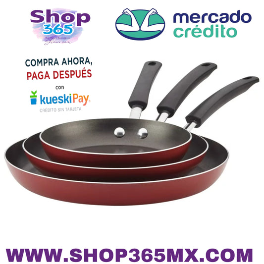 Farberware Sartén antiadherente de aluminio de fácil limpieza, 3 piezas, juego de sartén, color rojo