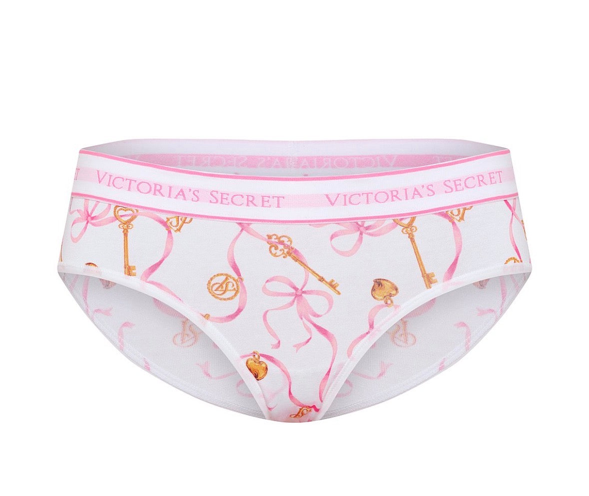 Victoria’s Secret Bikini Panty Estampado Listones y Llaves – Panty Blanco con Cintura de Logo