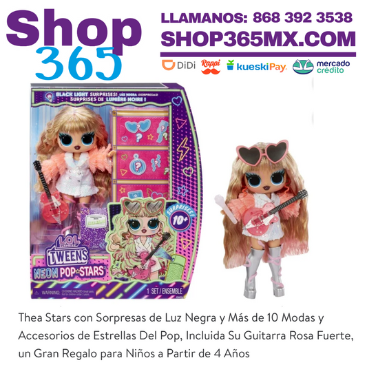 LOL Surprise Muñeca de Moda con Estrellas Del Pop de Neón Thea Stars con Sorpresas de Luz Negra y Más de 10 Modas y Accesorios de Estrellas Del Pop, Incluida Su Guitarra Rosa Fuerte, un Gran Regalo para Niños a Partir de 4 Años