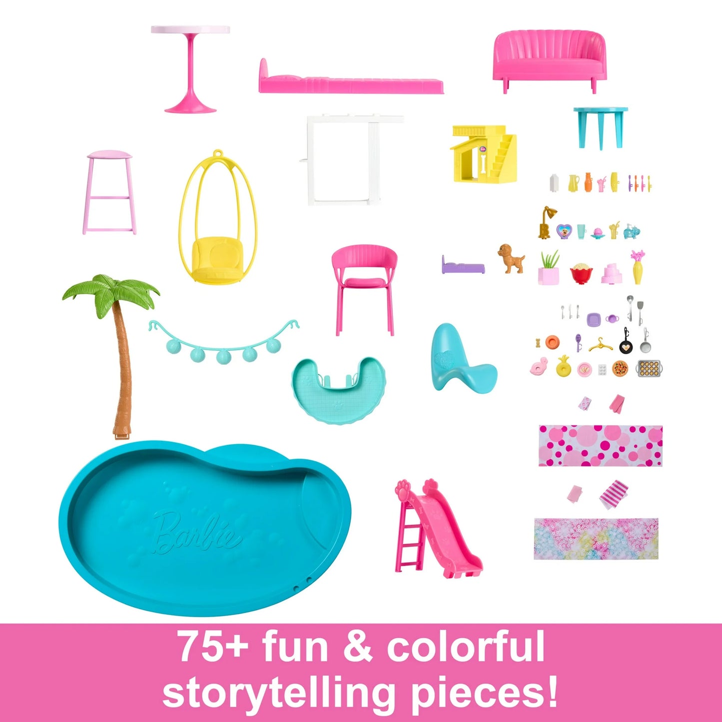 Barbie Dreamhouse Casa de Muñecas para Fiestas en la Piscina y Juego con Más de 75 Piezas, 45 Pulgadas, Tobogán y Elevador para Cachorros