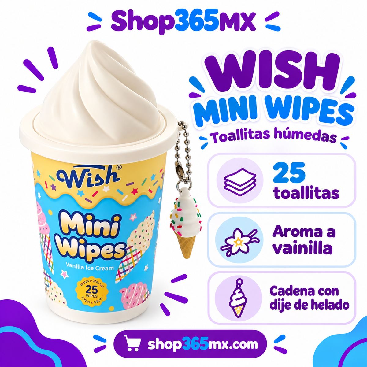 Wish Mini Wipes Toallitas Húmedas Vanilla Ice Cream con Llavero – 25 Piezas