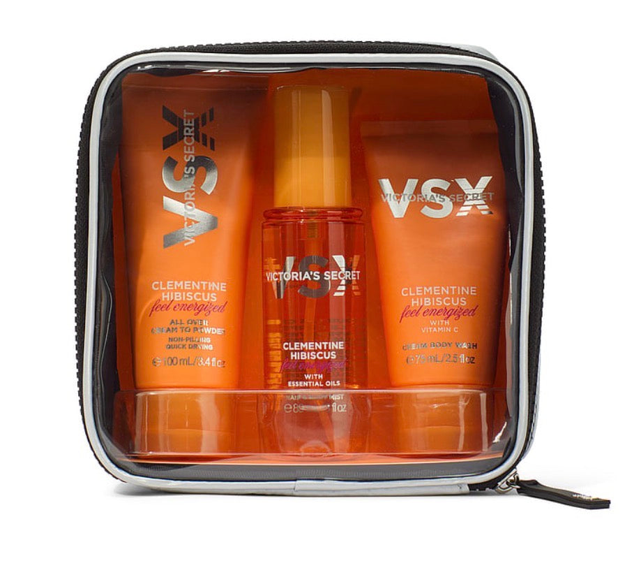 Victoria’s Secret VSX Clementine Hibiscus Feel Energized Travel Set 3 Piezas