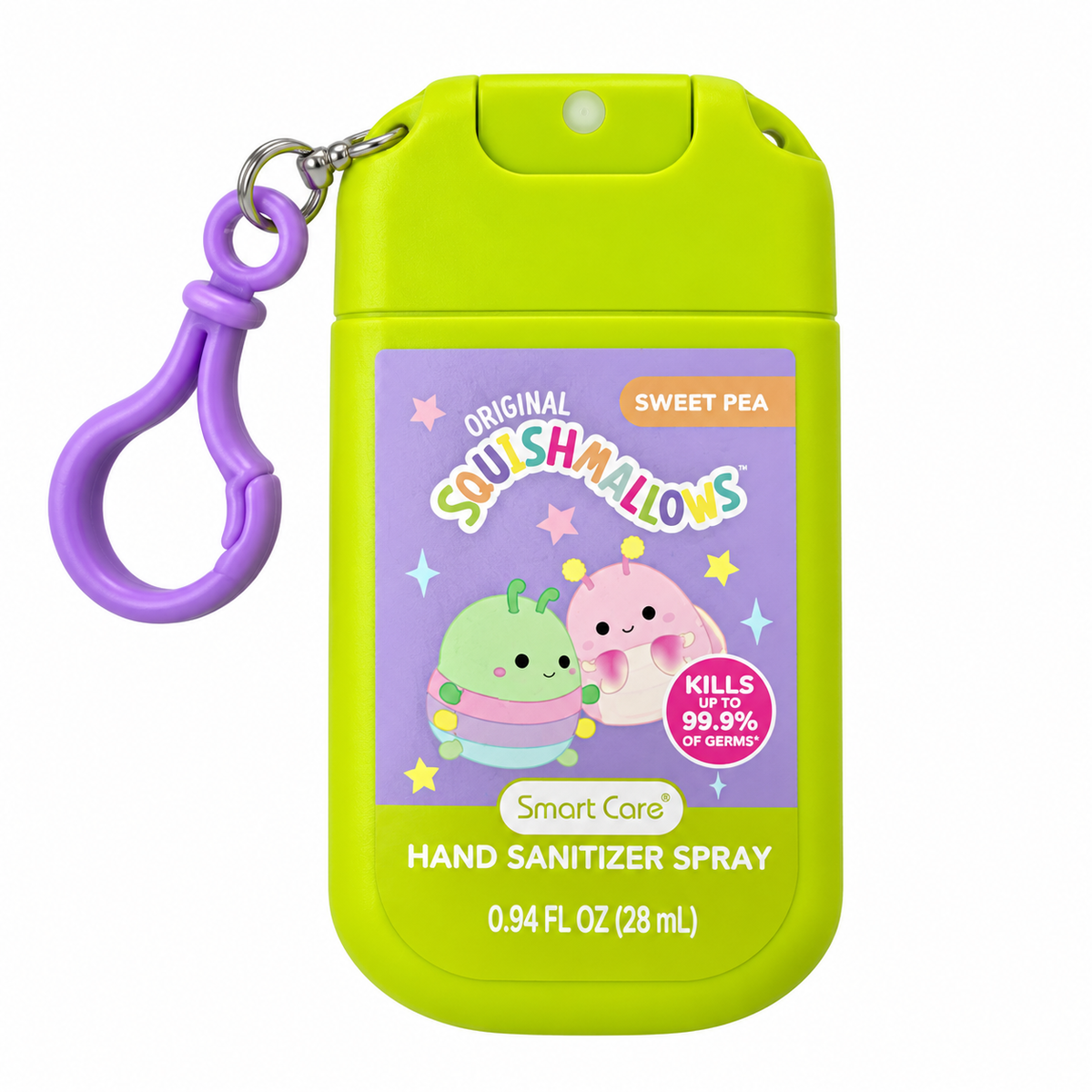 Squishmallows Smart Care Antibacterial en Spray Sweet Pea con Clip 28 ml – Verde Lima