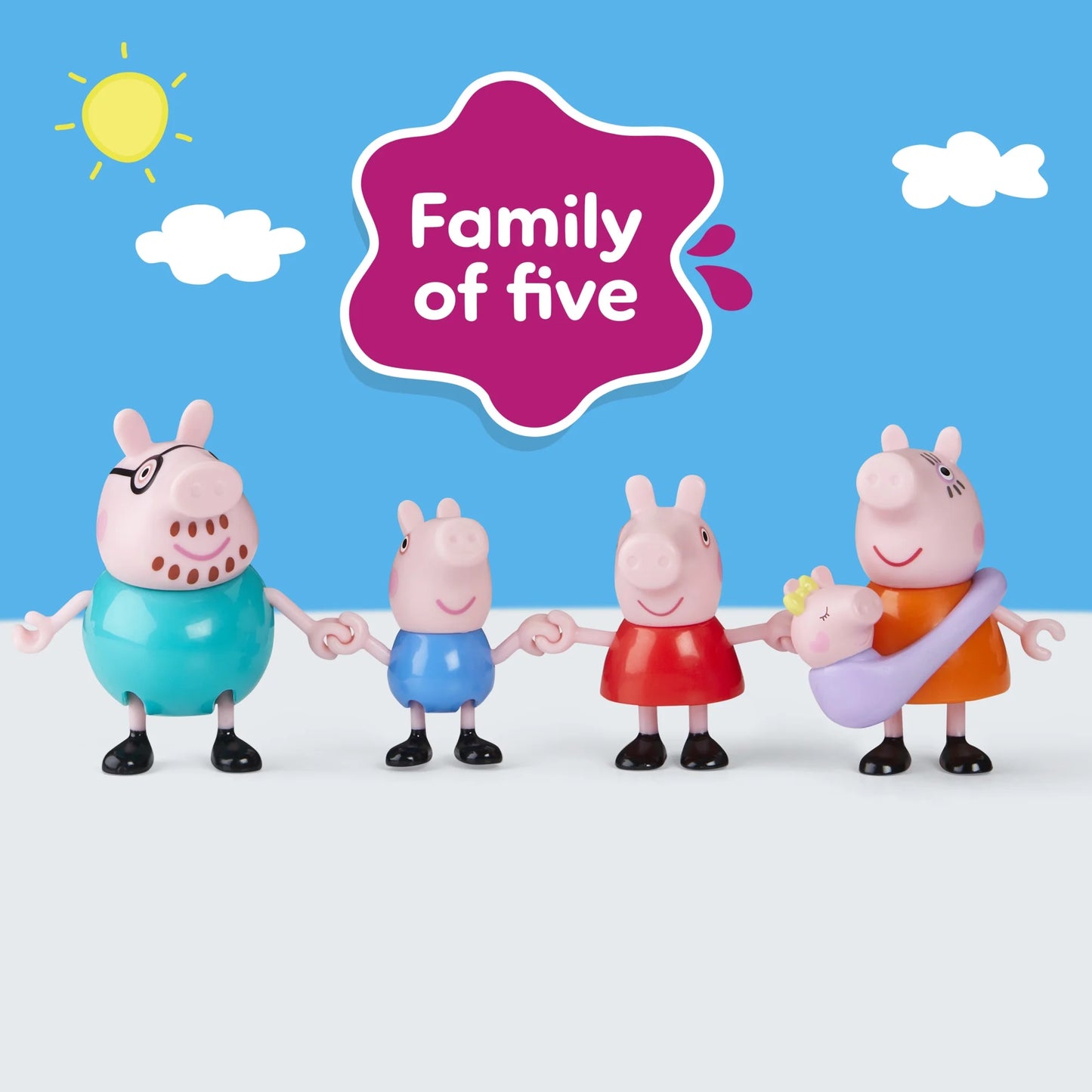 Peppa Pig Peppa La Familia de Cinco con Bebé Evie en Portabebés, Figuras Posables Tomadas de la Mano, Juguetes Preescolares para Mayores de 3 Años