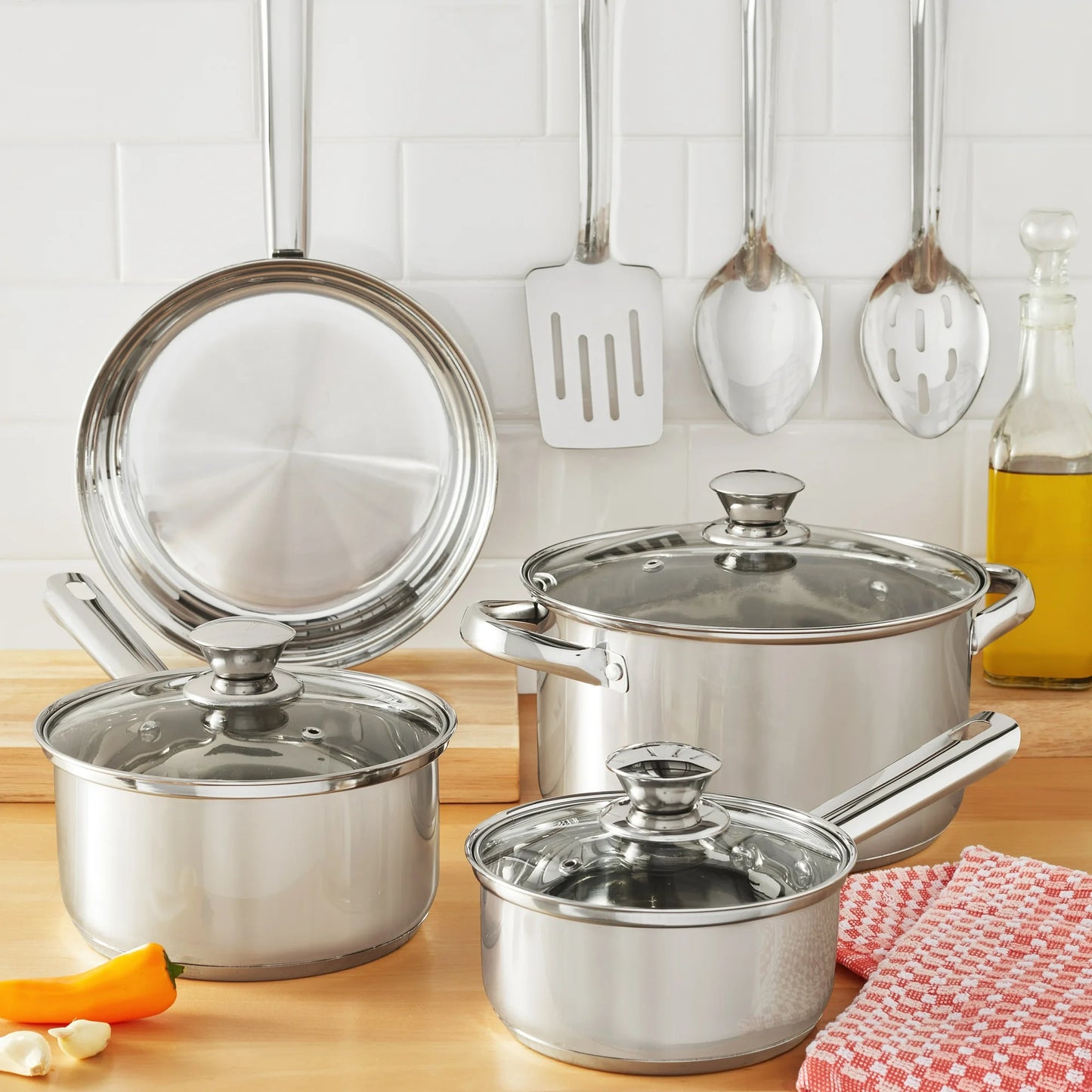 Mainstays Juego de Utensilios de Cocina y Sartenes de Acero Inoxidable Antiadherente de 10 Piezas
