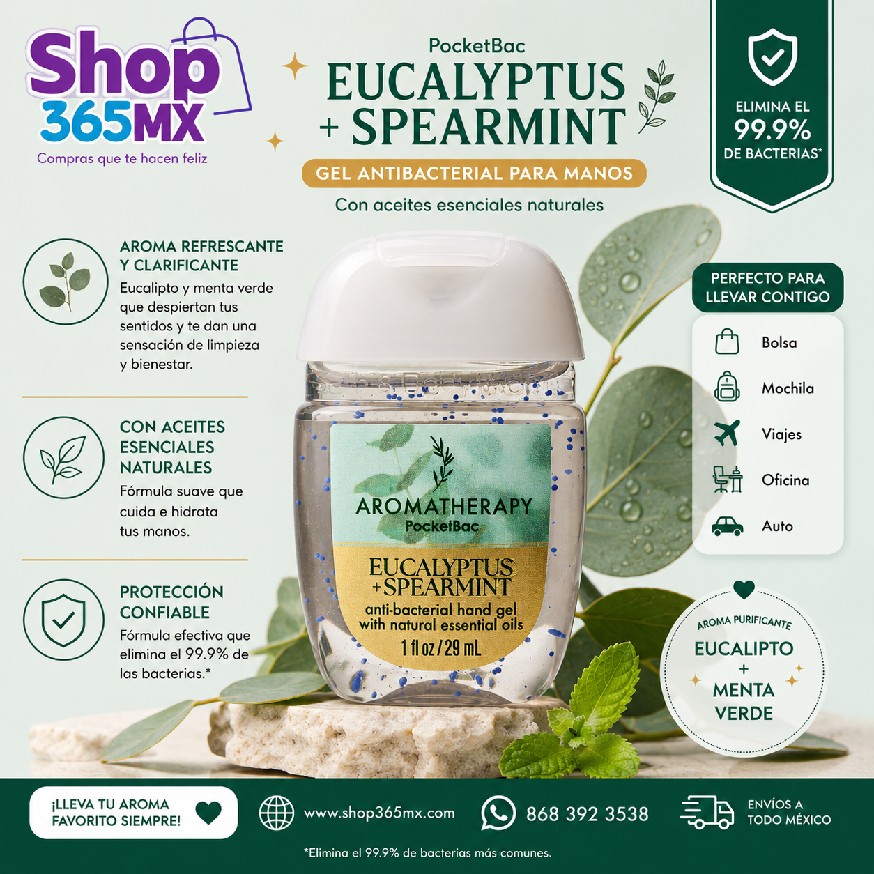 Gel Antibacterial Eucalyptus Spearmint PocketBac Bath & Body Works 29 ml
