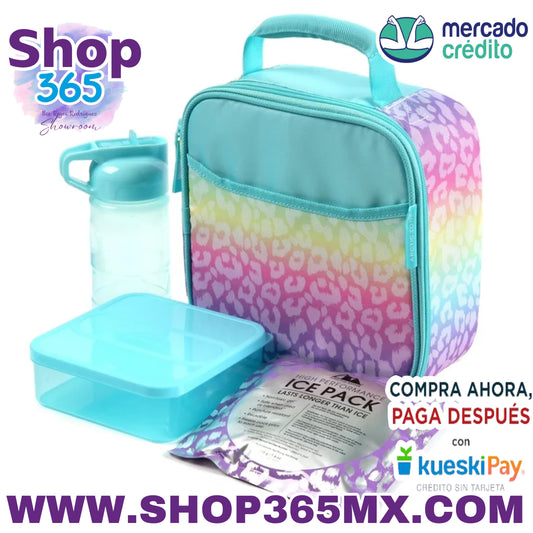 Combo de lonchera Arctic Zone con bolsa de hielo, botella de agua y recipiente para sándwich, leopardo arcoíris