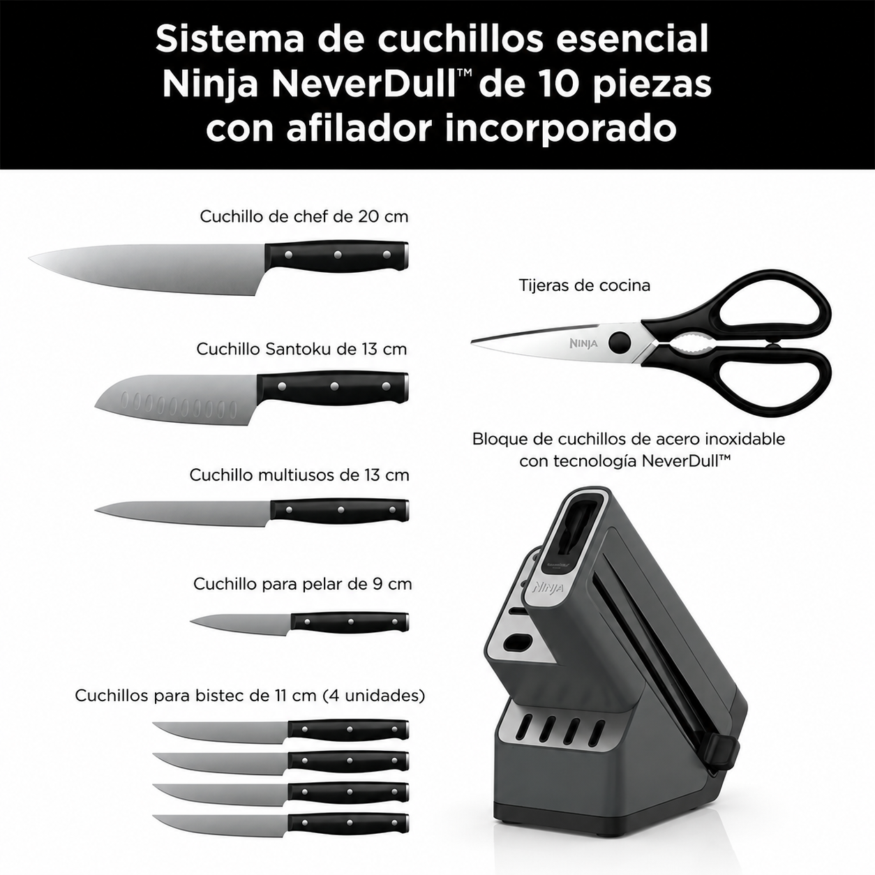 Ninja Sistema de Cuchillos Esenciales Foodi NeverDull de 10 Piezas con Afilador, Acero Inoxidable, K12010