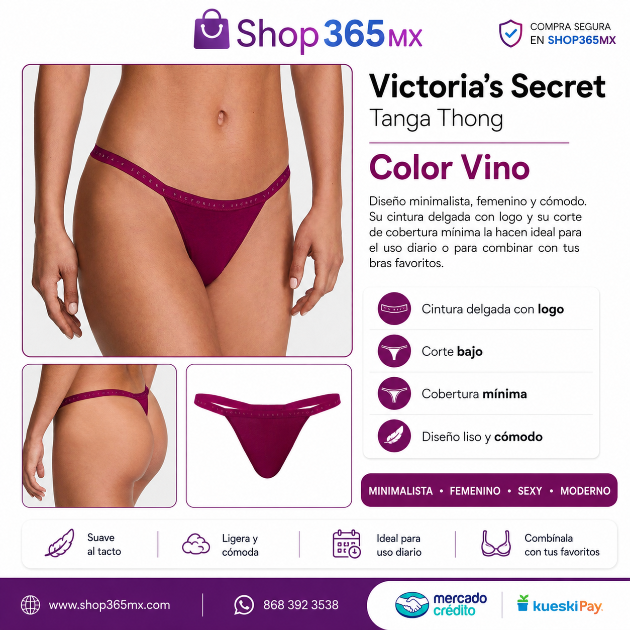 💜 Victoria’s Secret Tanga Thong con Cintura Logo – Color Vino