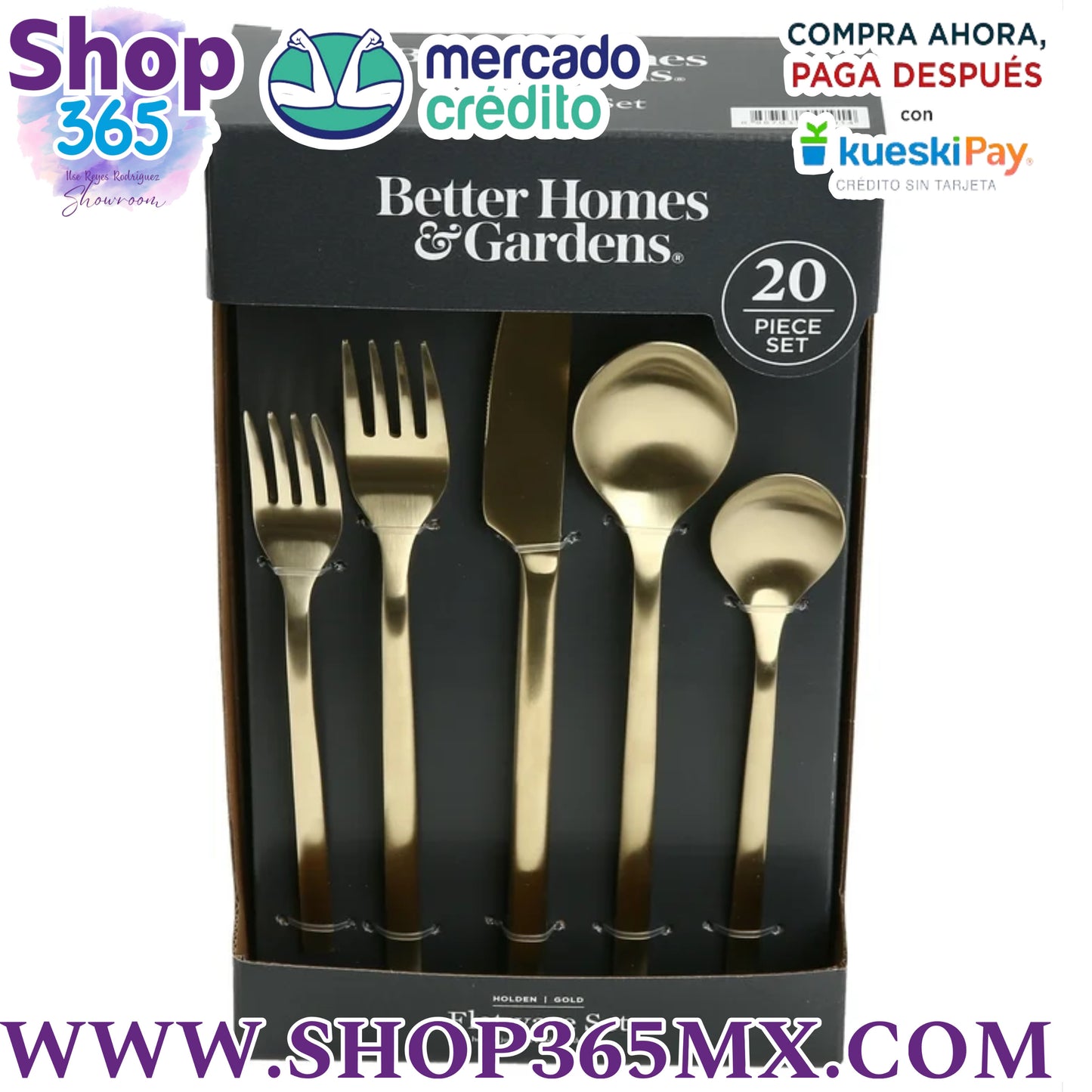 Better Homes & Gardens Holden Juego de Cubiertos de Acero Inoxidable de 20 Piezas de Oro