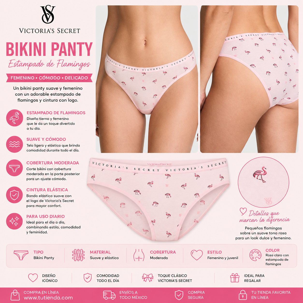 Victoria’s Secret Bikini Panty Rosa con Estampado de Flamingos