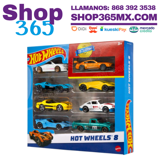 Hot Wheels Juego de 8 Autos y Camiones de Juguete Básicos a Escala 1:64 Que Incluyen 1 Auto Exclusivo, los Estilos Pueden Variar