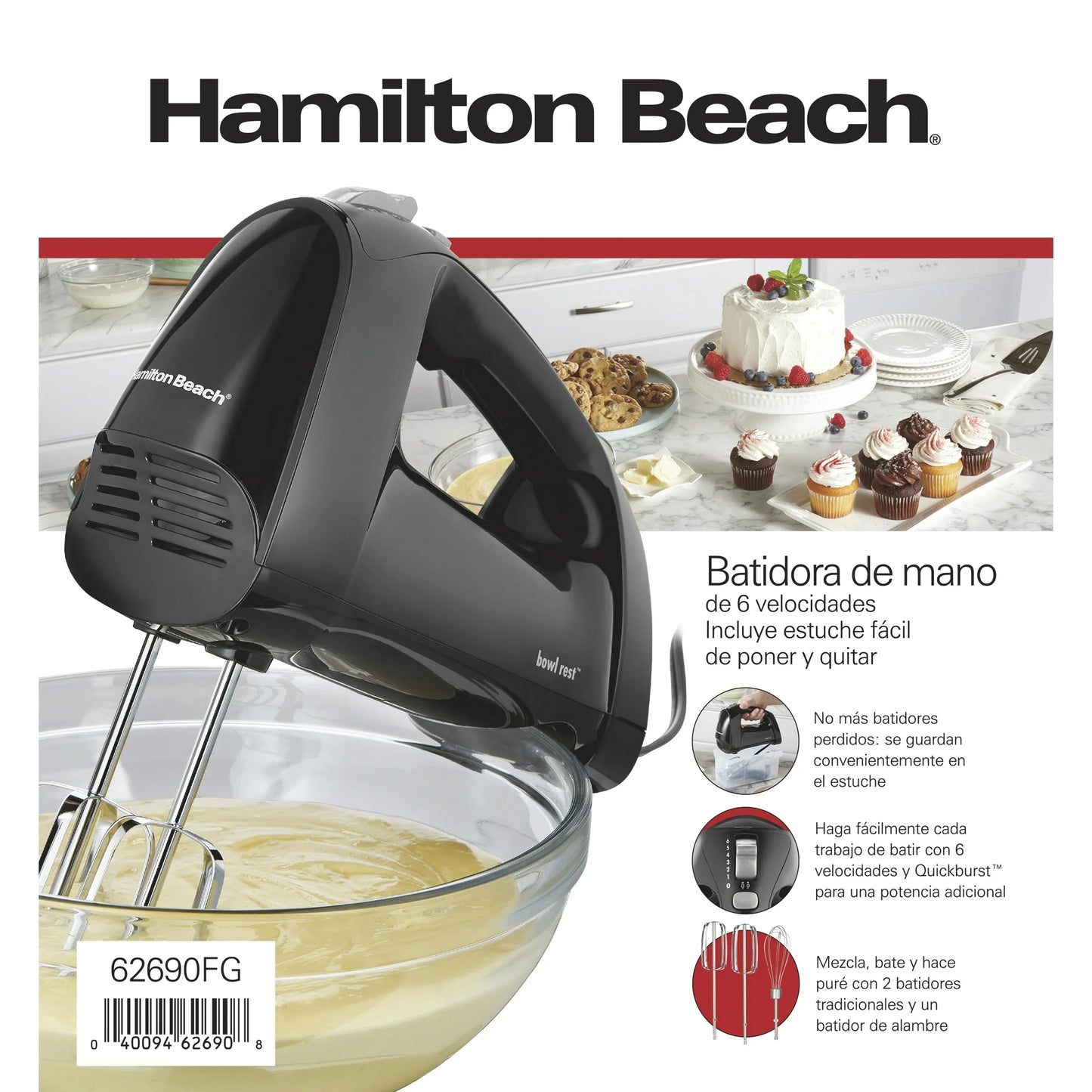 Hamilton Beach Batidora de Mano de 6 Velocidades y Alto Rendimiento, Incluye Estuche, 5 Accesorios, Acero Inoxidable, 62646F