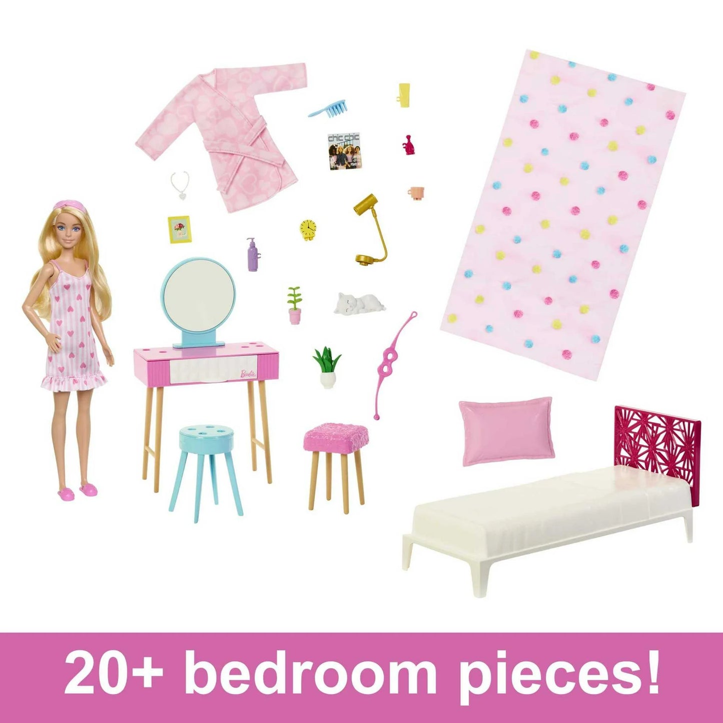 Barbie Juego de Muñeca y Dormitorio, Muebles Barbie con Más de 20 Piezas de Narración