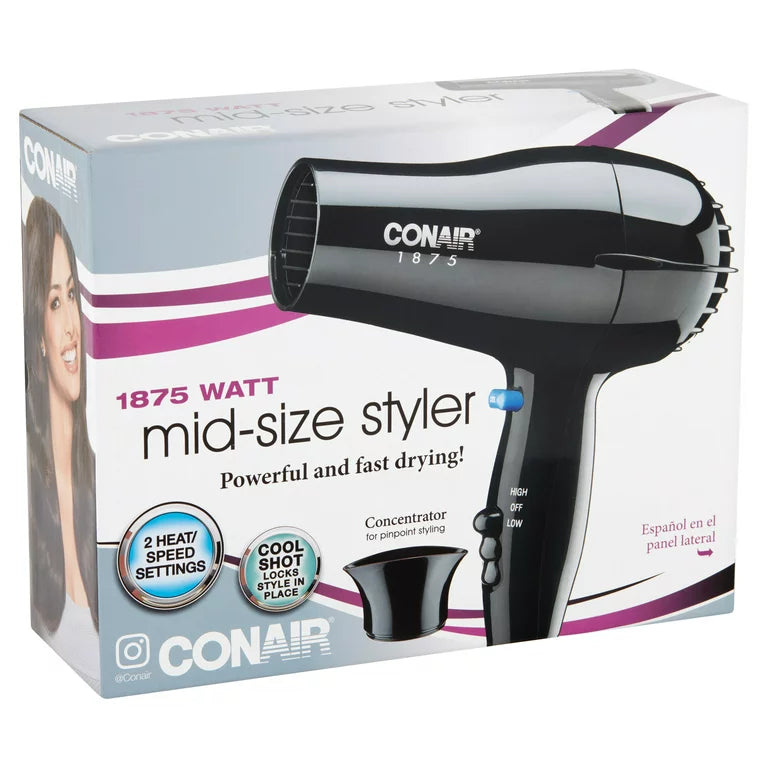 Mid Size Conair Secador de Pelo de Cerámica, 1875 Vatios, Compacto, de Secado Rápido y Estilo, Negro 247TPW