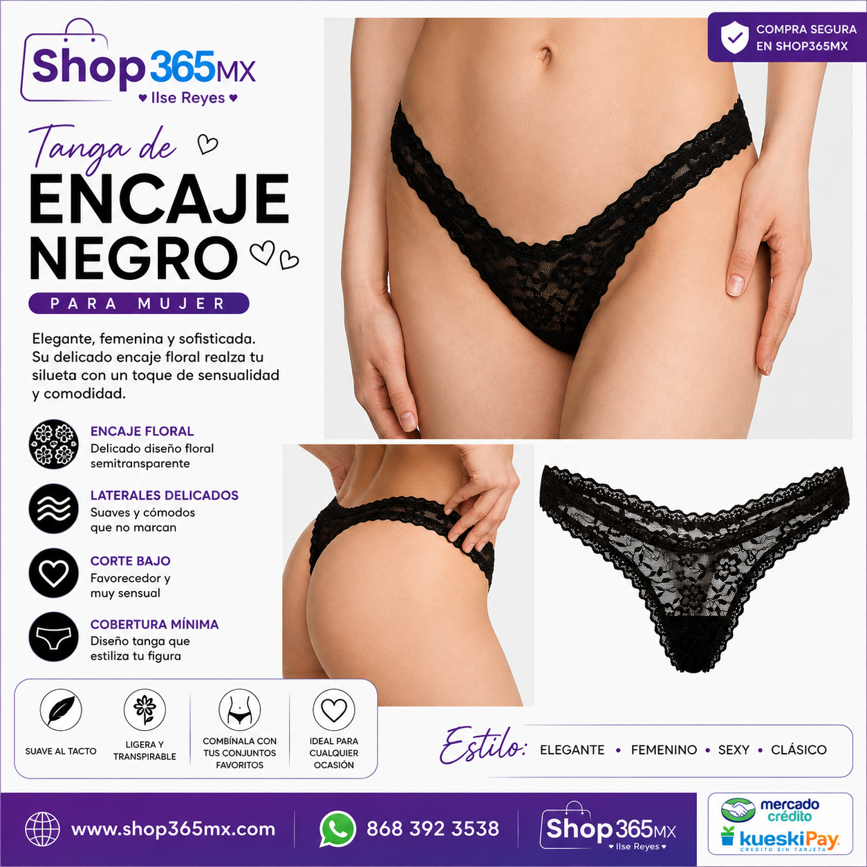 🖤 Tanga Victoria’s Secret de Encaje Floral Negro para Mujer – Corte Bajo