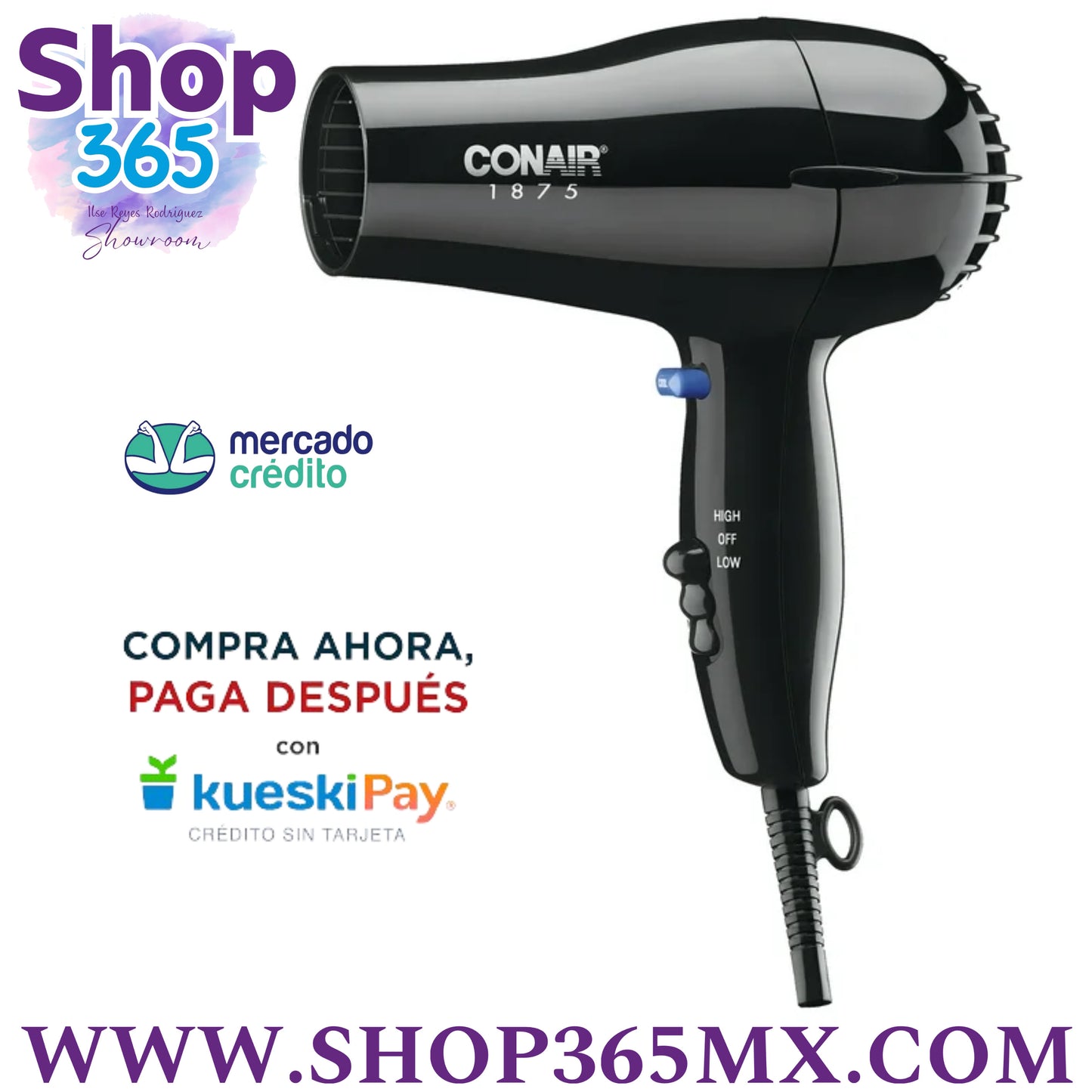 Mid Size Conair Secador de Pelo de Cerámica, 1875 Vatios, Compacto, de Secado Rápido y Estilo, Negro 247TPW