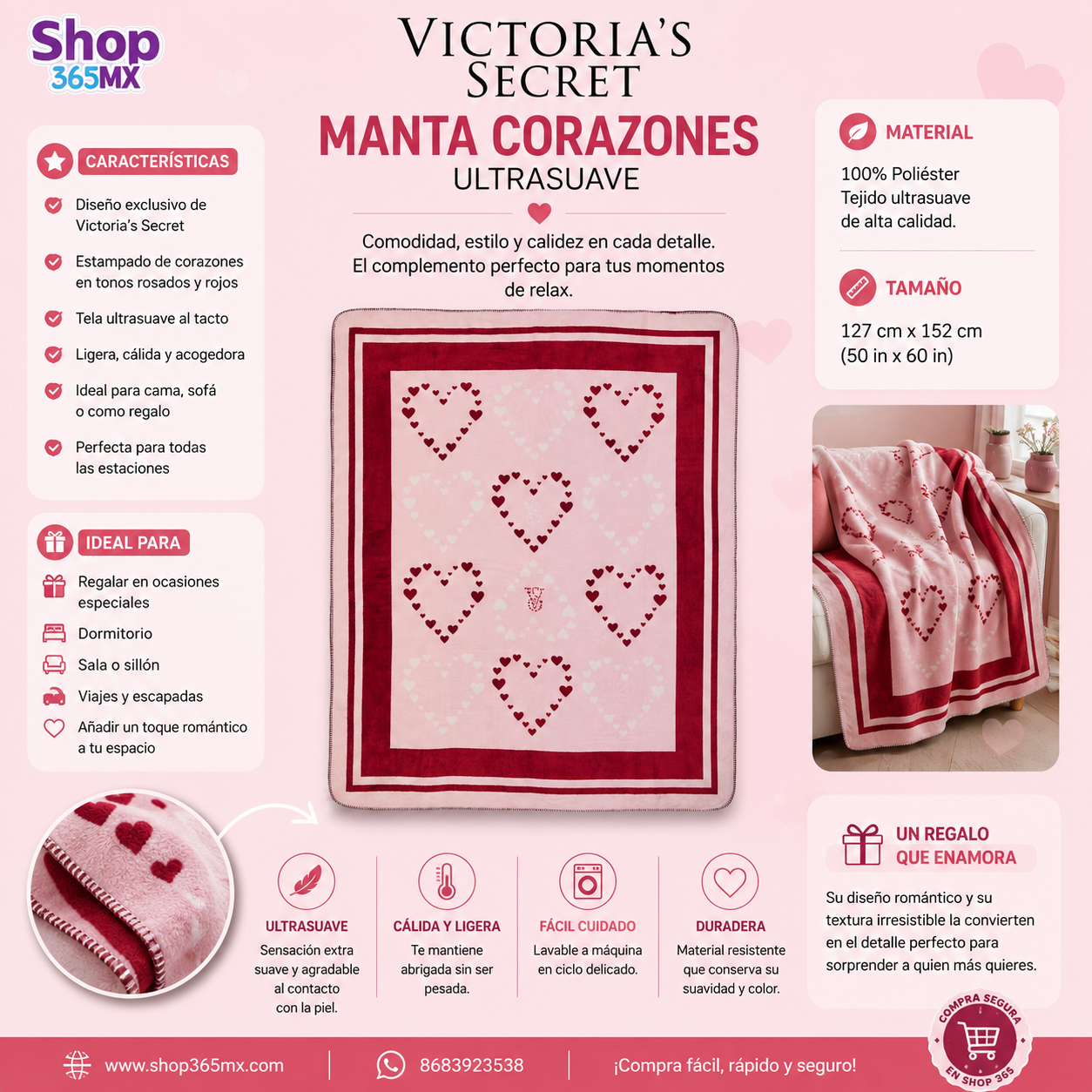 Victoria’s Secret Manta de Corazones Ultrasuave 50 x 60 in – Cobija Rosa Original