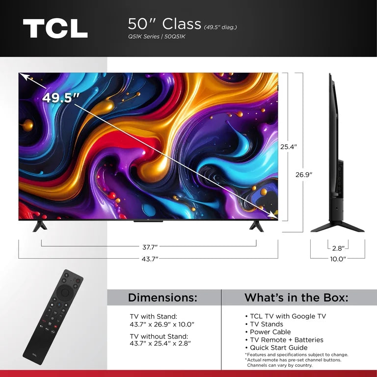TCL 50" Serie Q QLED 4K UHD HDR Smart Google TV (Nuevo 2025) - Dolby Vision, Dolby Atmos, Motion Rate 240, HDR 10+, Modo de Juego Automático - 50Q51K