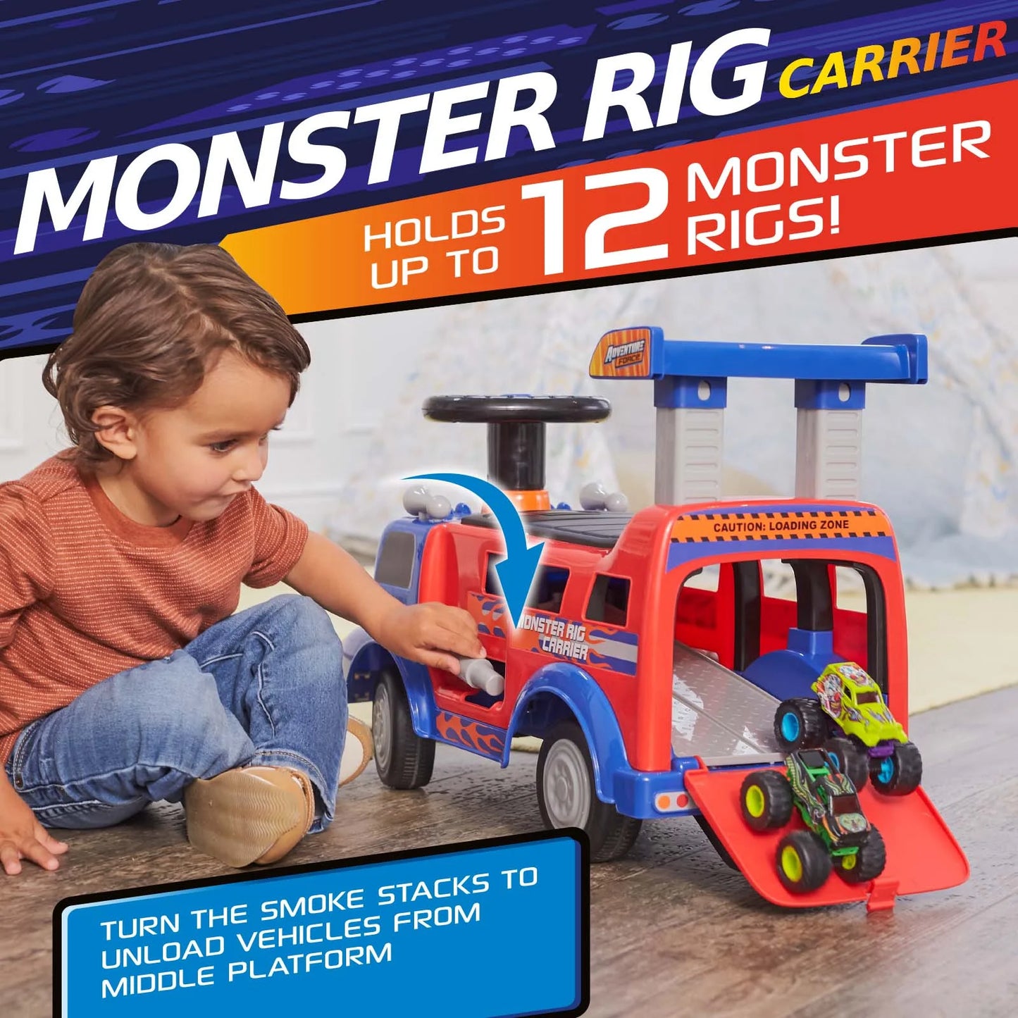 Adventure Force Monster Rig Carrier Transporte para Niños de 1 a 3 Años, Soporta 44 Libras