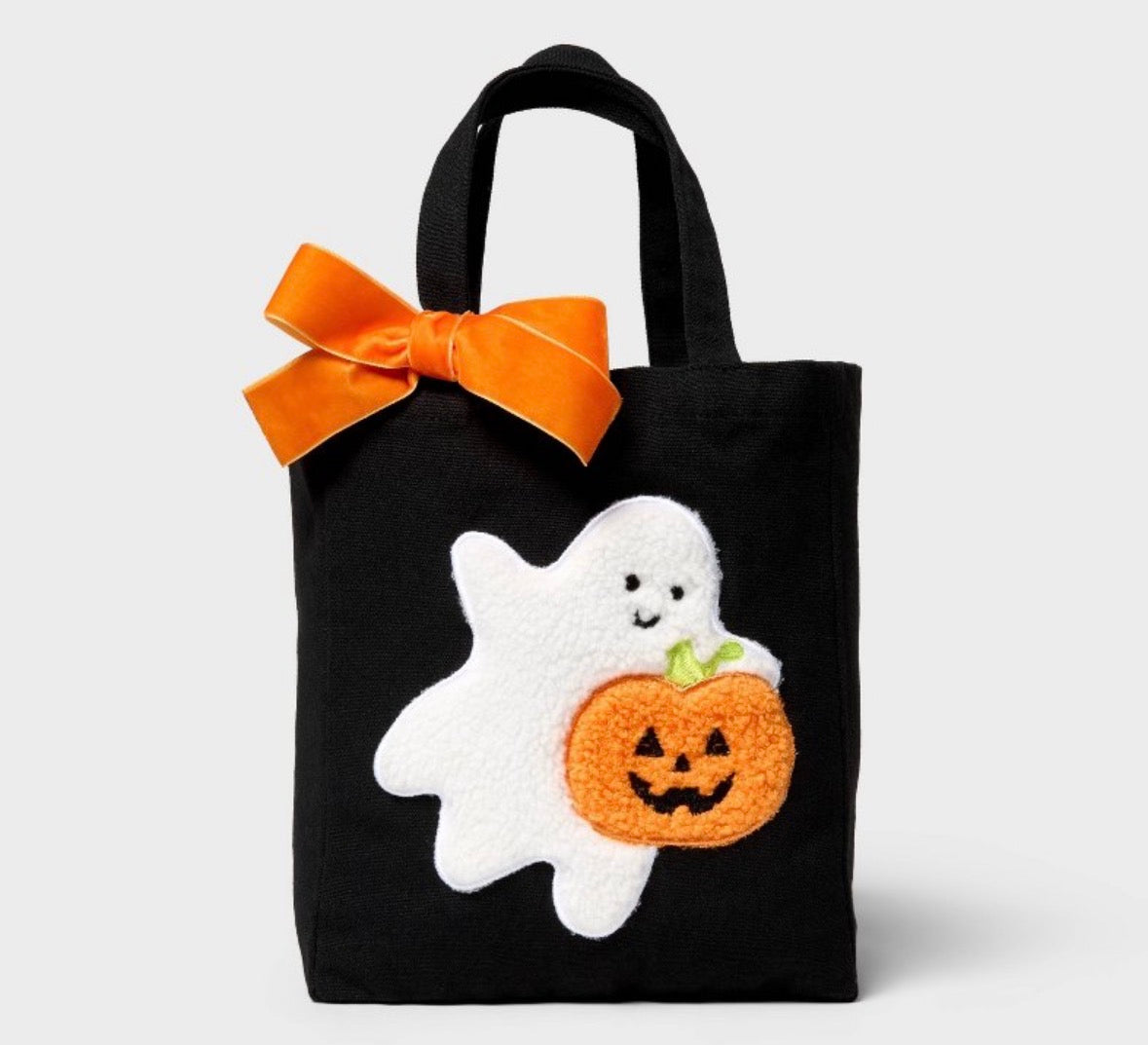Bolsa Tote Halloween con Fantasma y Calabaza – Negra con Moño Naranja 🎃👻