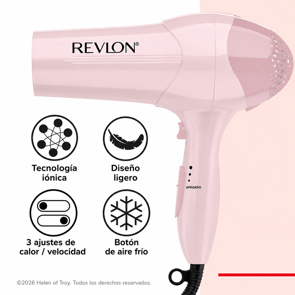 Revlon Essentials Secadora de Cabello Iónica con Control Del Frizz, 1875 Watts, Rosa Claro