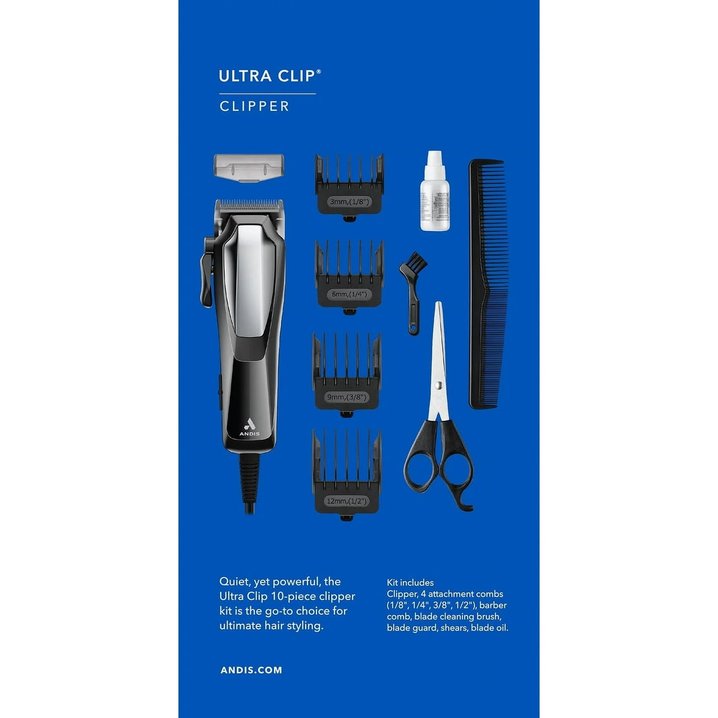 Andis Ultra Kit de Cortapelos Clip con Cable de 10 Piezas, Negro / Plateado