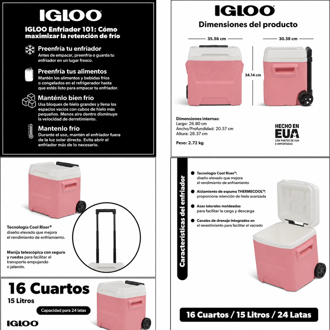 Igloo Hielera Nevera de 16 QT Laguna con Ruedas, Rosa Coral