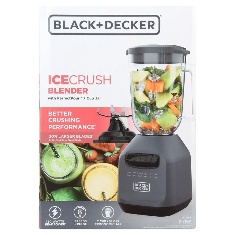 Black & Decker Ice Triturar Licuadora con 56 Onzas (7 Tazas) PerfectPour Tarro de Plástico, Potente Hoja de Acero Inoxidable de 6 Puntas, 8 Velocidades Más Pulso, 700 Vatios Pico de Potencia, BL2209PB