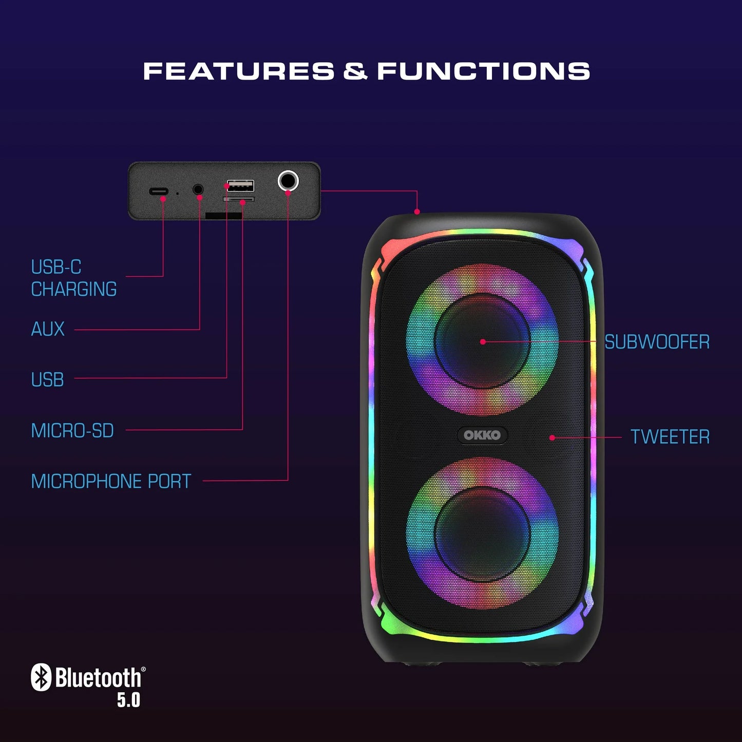 OKKO Altavoz Bluetooth Portátil Sonic Bass V4: Altavoz Inalámbrico para Fiestas con Graves Profundos, Altavoz Karaoke con Puerto para Micrófono, Luces LED, Altavoz Recargable Portátil para Exteriores