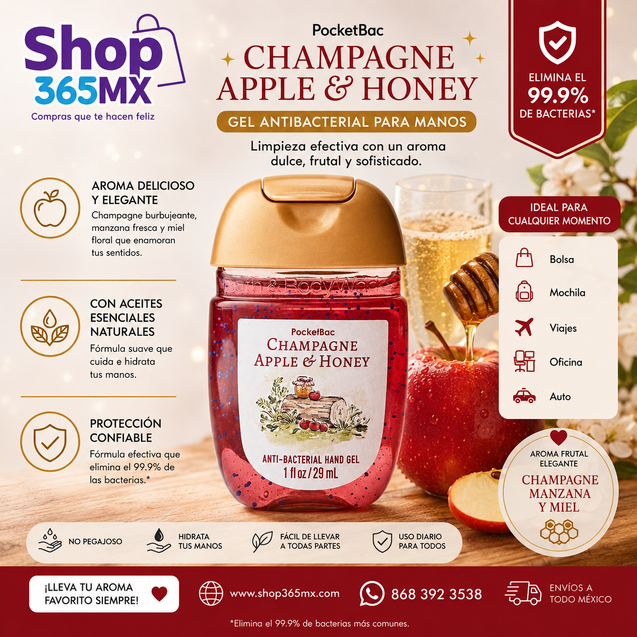 Gel Antibacterial Champagne Apple & Honey PocketBac Bath & Body Works 29 ml