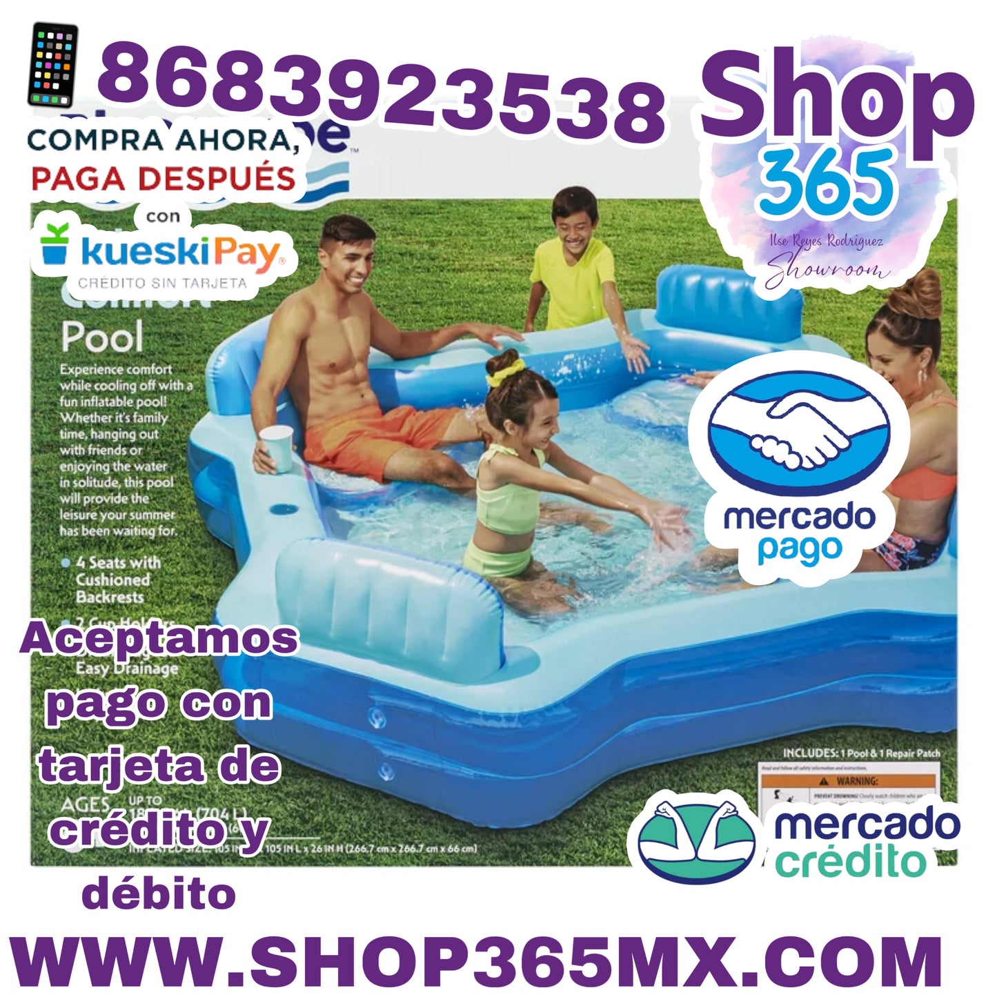 Piscina familiar inflable Bluescape Blue Deluxe Comfort, 4 asientos, cuadrada, a partir de 6 años