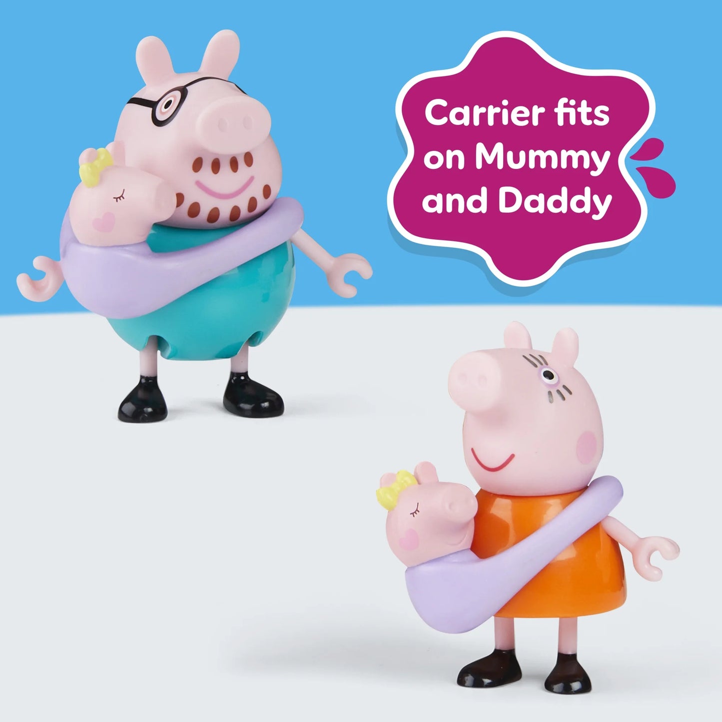 Peppa Pig Peppa La Familia de Cinco con Bebé Evie en Portabebés, Figuras Posables Tomadas de la Mano, Juguetes Preescolares para Mayores de 3 Años