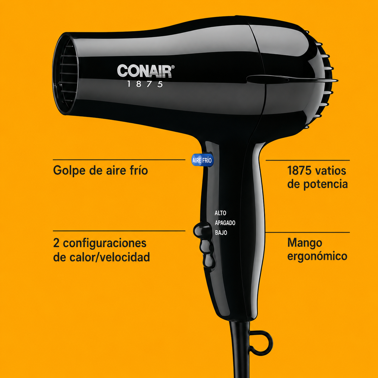 Mid Size Conair Secador de Pelo de Cerámica, 1875 Vatios, Compacto, de Secado Rápido, Negr