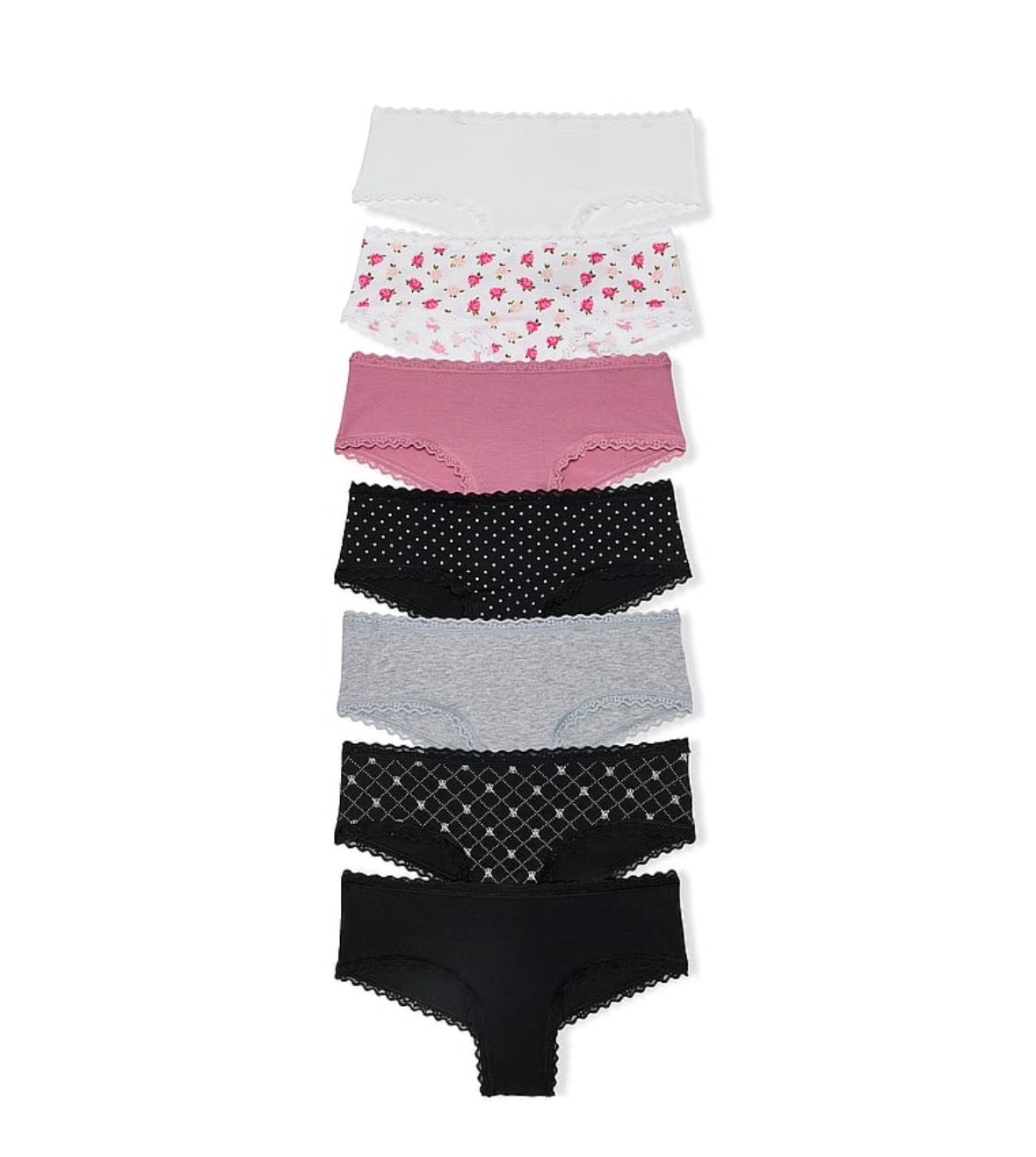 Victoria’s Secret Pack 7 Panties Cheeky de Algodón con Encaje Multicolor