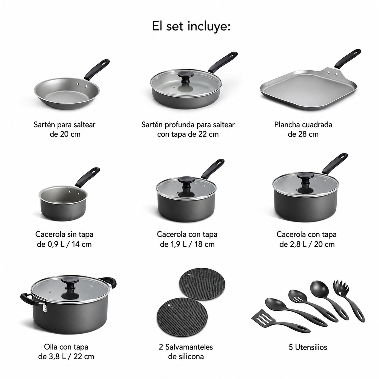 Tramontina Primaware Juego de Utensilios de Cocina Antiadherentes de 18 Piezas, Asfalto