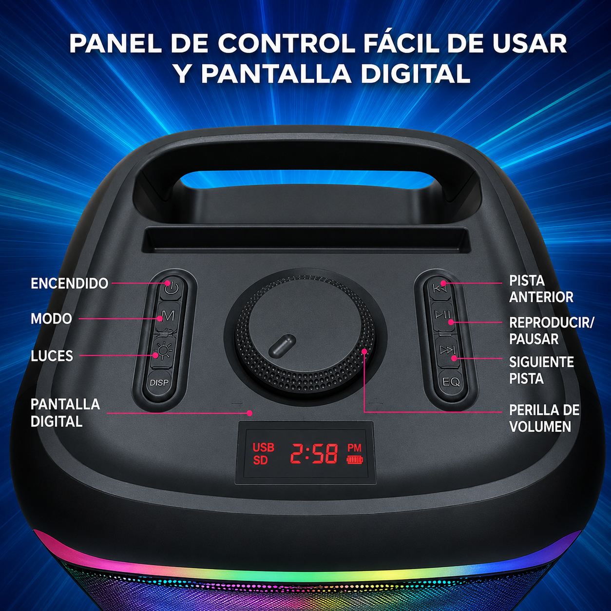 OKKO Altavoz Bluetooth Portátil Sonic Bass V4: Altavoz Inalámbrico para Fiestas con Graves Profundos, Altavoz Karaoke con Puerto para Micrófono, Luces LED, Altavoz Recargable Portátil para Exteriores