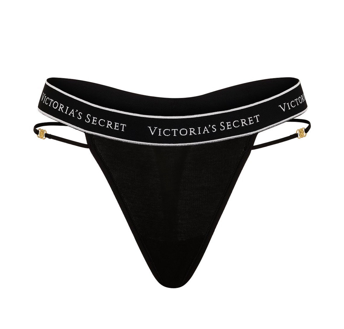 Victoria’s Secret Logo Strap Thong Negro – Tanga con Tiras Laterales y Detalle Dorado