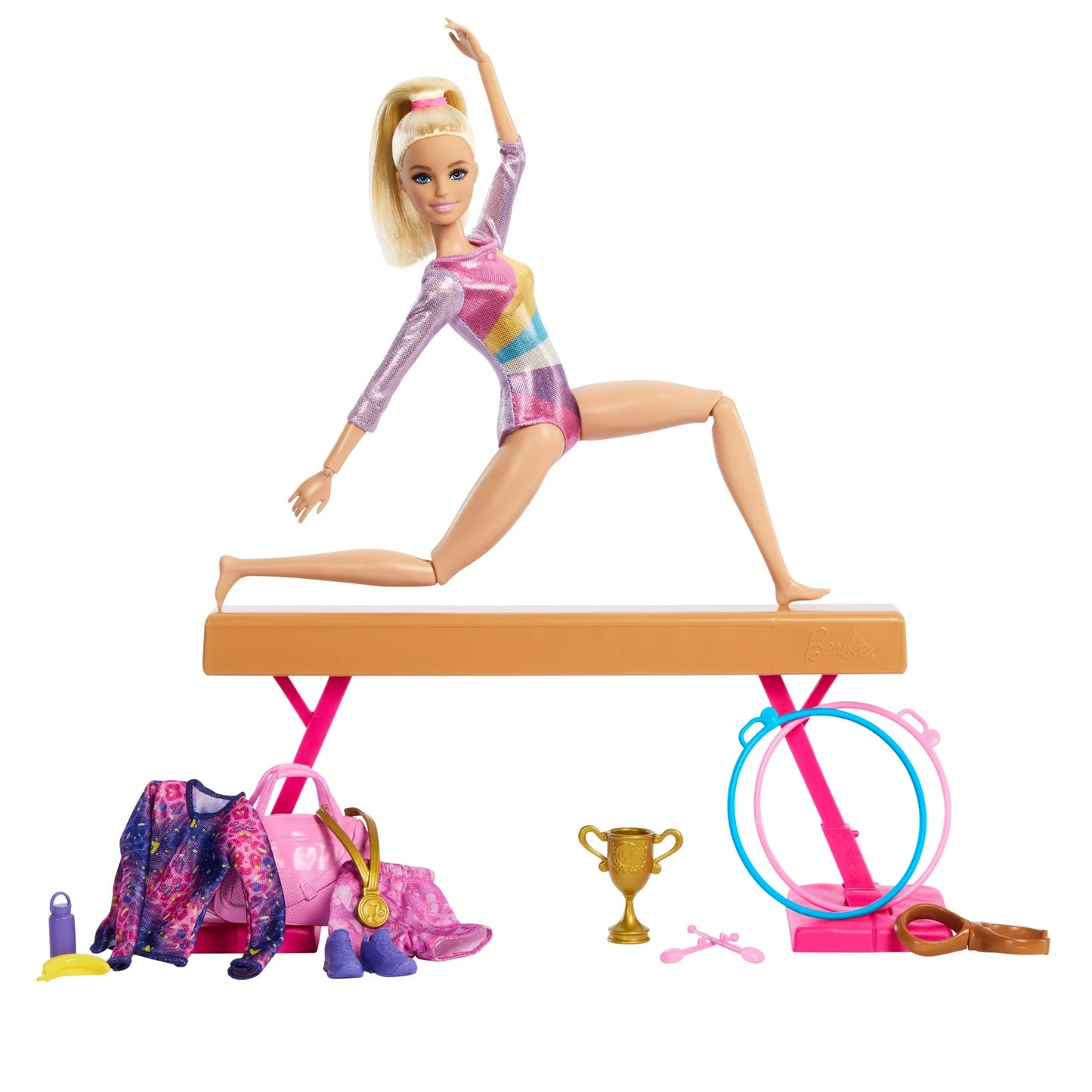 Barbie Juego de Gimnasia con Muñeca Rubia, Barra de Equilibrio y Accesorios, a Partir de 3 Años