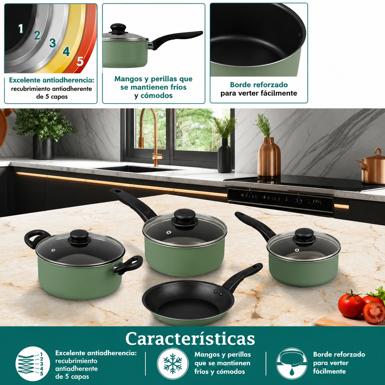 Mainstays Juego de Ollas y Sartenes de Aluminio Antiadherentes de 7 Piezas, Verde