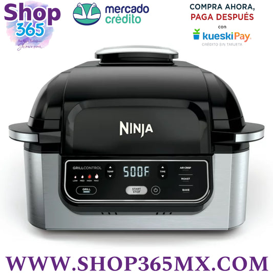 Foodi 4-in-1 Indoor Grill Ninja con Freidora de Aire de 4 Qt, Asado, Horneado y Tecnología de Parrilla Ciclónica, Negro / Inoxidable AG300