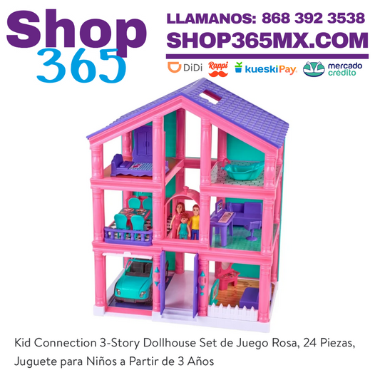 Kid Connection 3-Story Dollhouse Set de Juego Rosa, 24 Piezas, Juguete para Niños a Partir de 3 Años