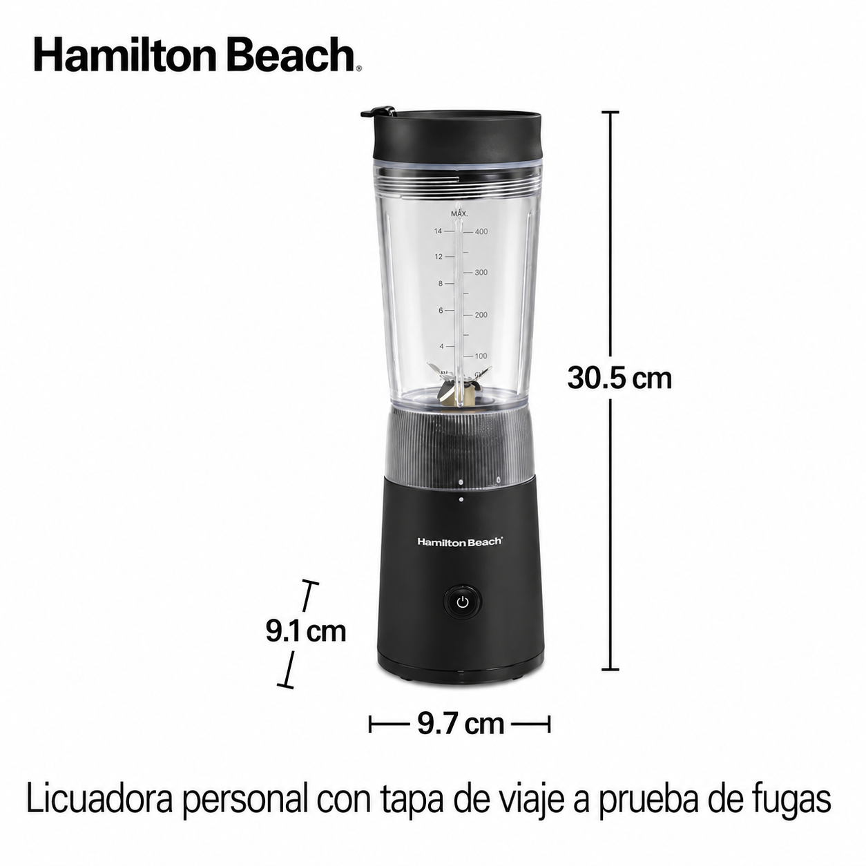 Hamilton Beach Licuadora Personal con Tapa de Viaje a Prueba de Fugas, Jarra de 14 oz, Color Negro, 51190F